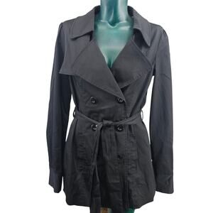 Vertigo Paris Trench Coat Black Double Breasted Jacket Belted Size M 3610